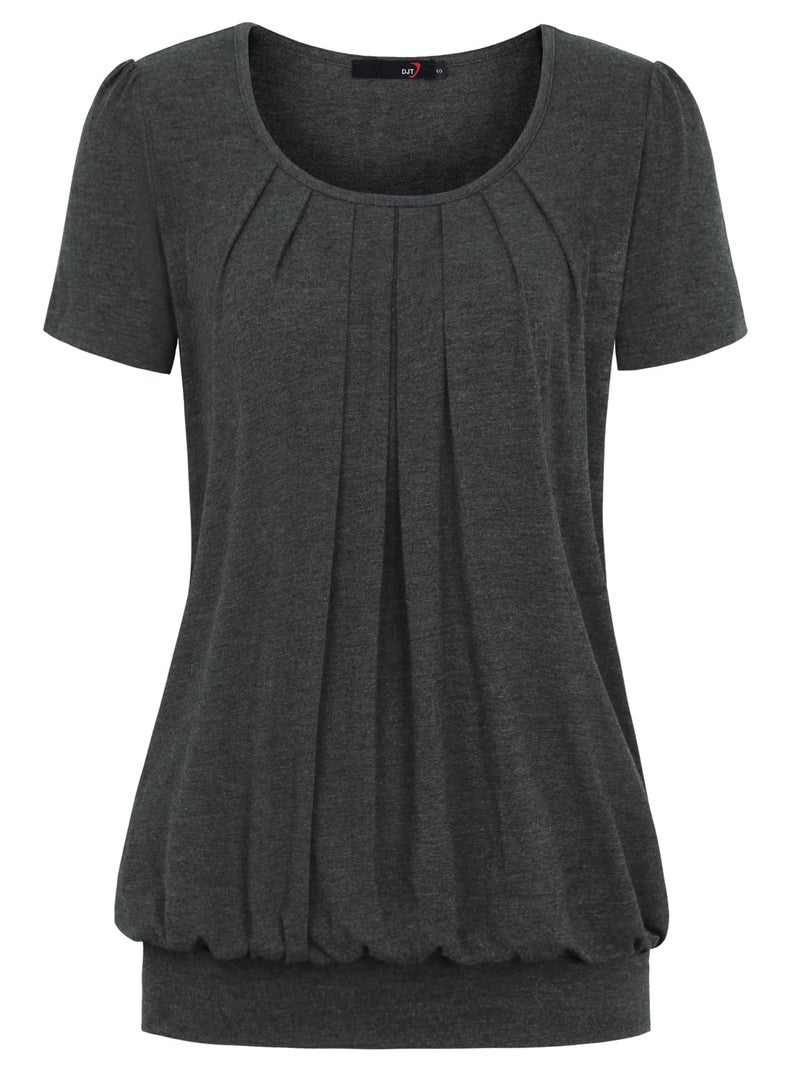 DJT Women's Summer Tops Short Sleeve Pleated Front Casual Loose Blouse Tunic T Shirts X-Large Dark Grey - Image 1